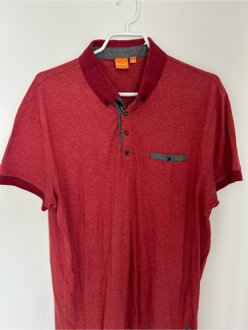 BOSS ORANGE Men's Heather Red Polo with Contrast Trim